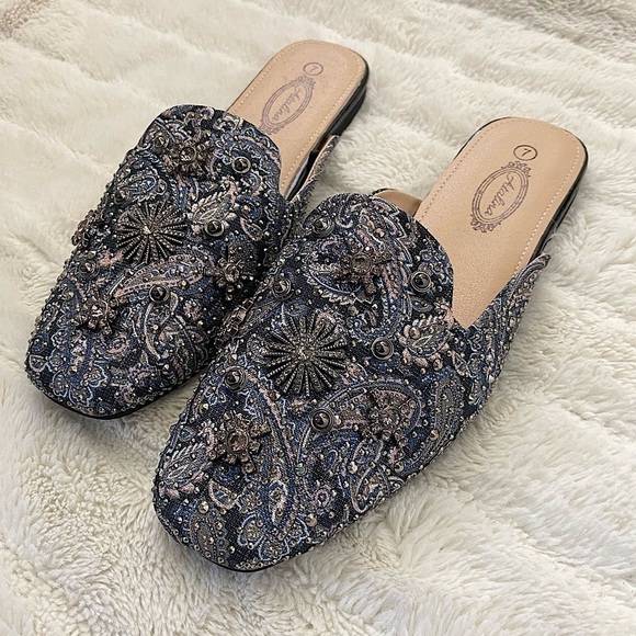 Paisley Rhinestone Embellished Blue Mules Flats Boho Slip On Shoes New Size 7 - Picture 1 of 14
